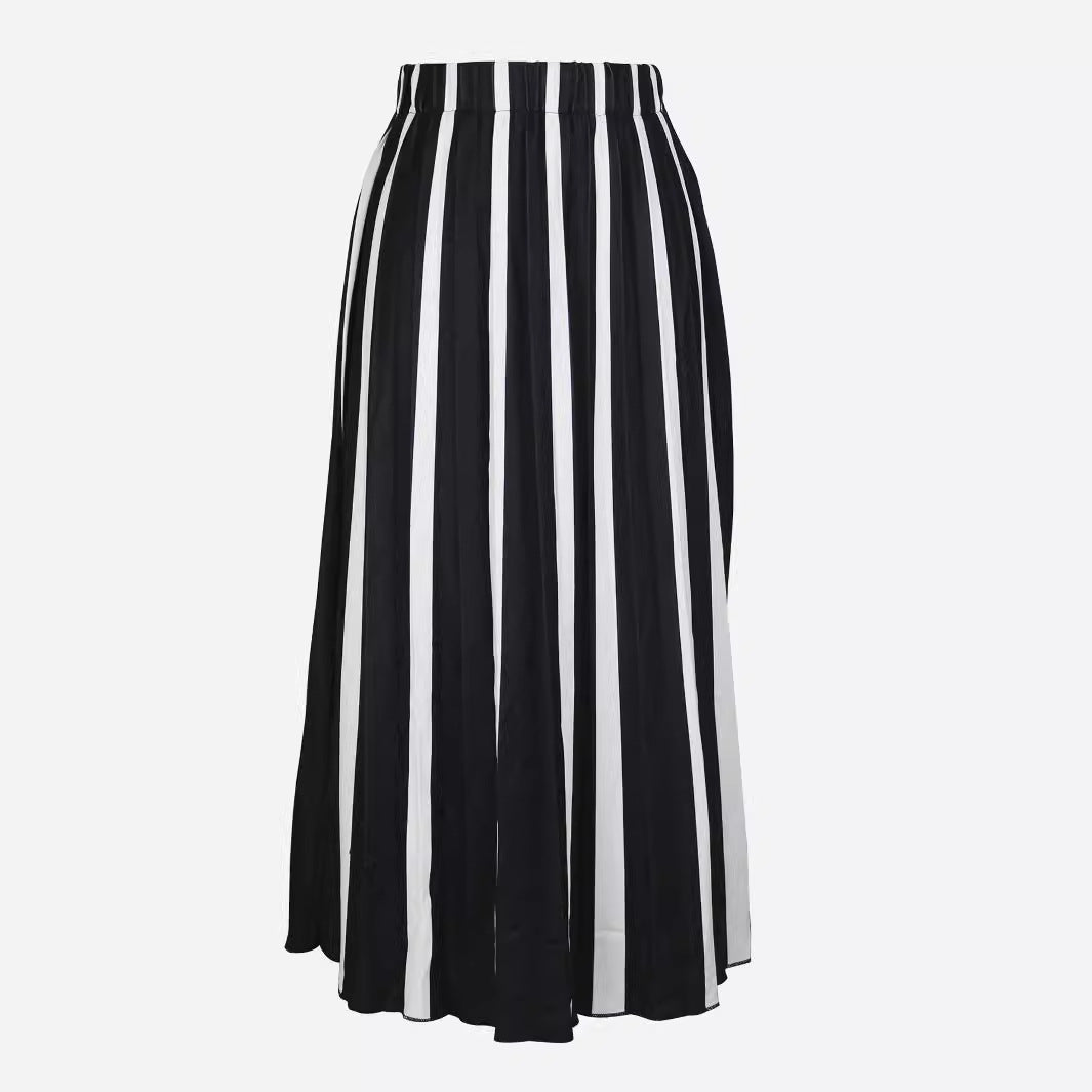 Spring Autumn Winter Knitting Color Blocking Fashion Pleated A-Line Long Skirt
