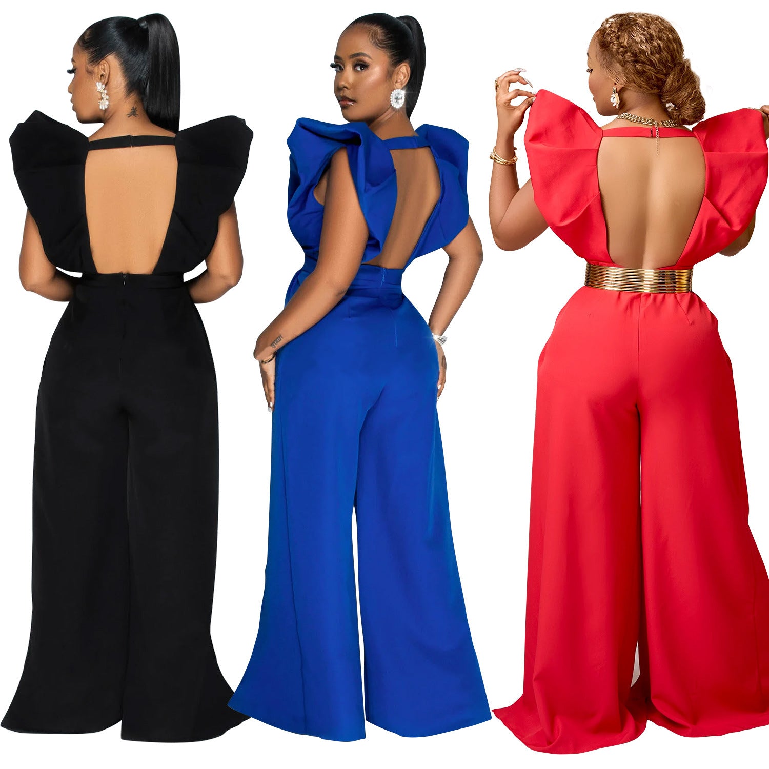 Women Solid Sexy V Neck Pleated Jumpsuit 7