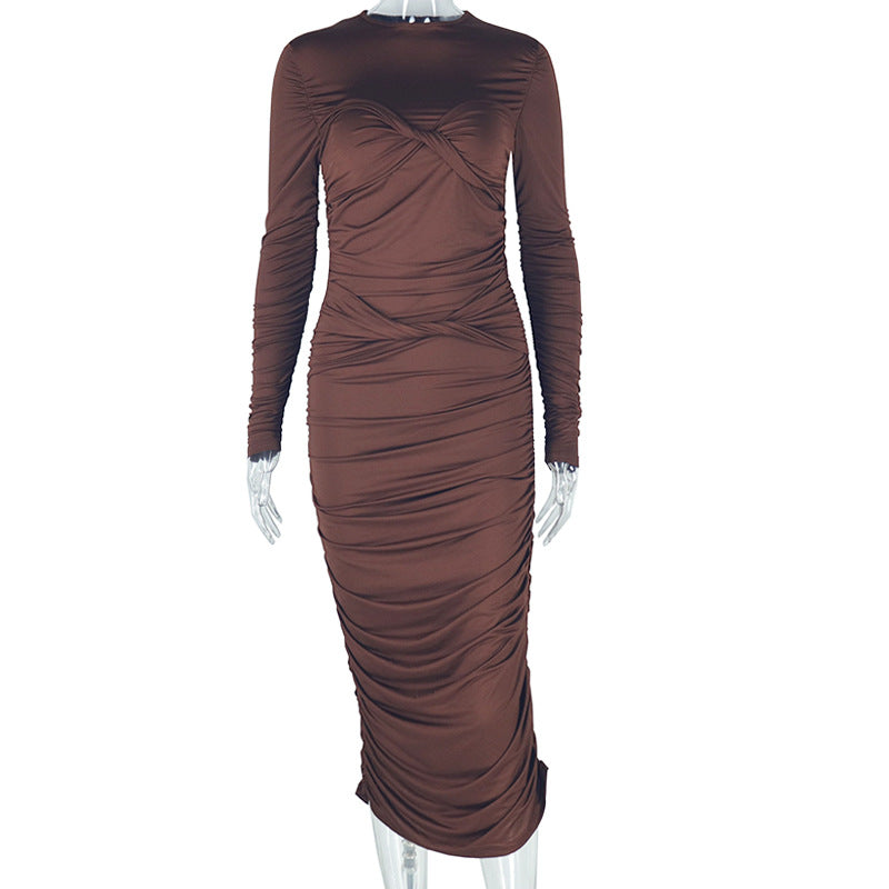 Women Solid Round Neck Long Sleeve Dress 5