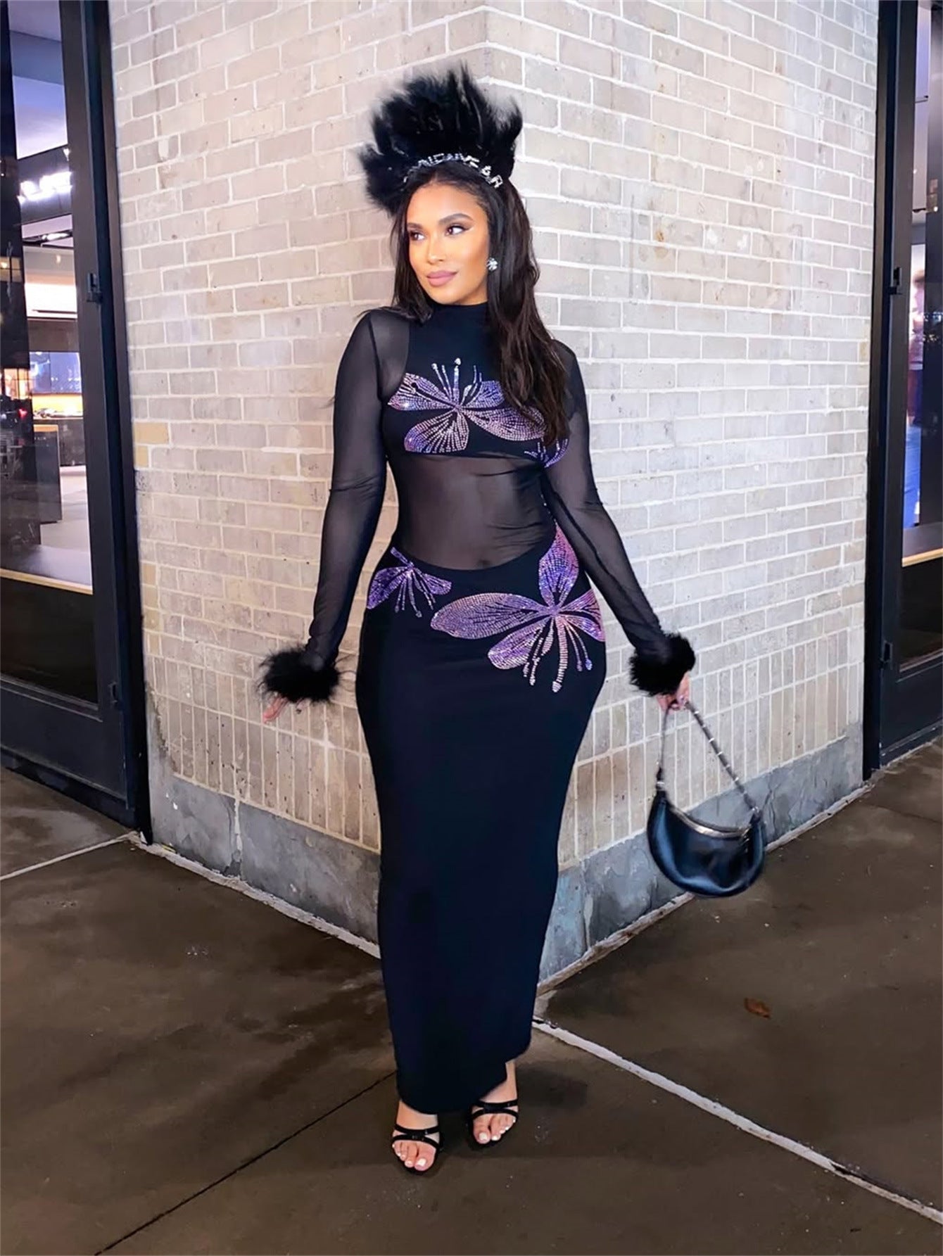 Fashion Print Mesh See-Through Fur Patchwork Slim Sexy Long Dress 7