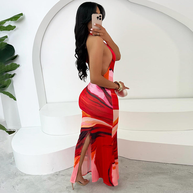 Fashionable and sexy contrasting print spring Halter Neck Lace-Up Low Back Bodycon dress for women 10