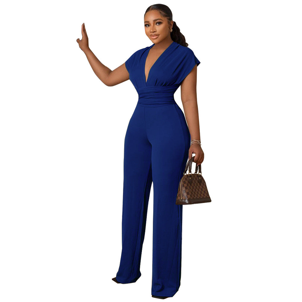 Women Solid V-neck Slim Short Sleeve Jumpsuit 16