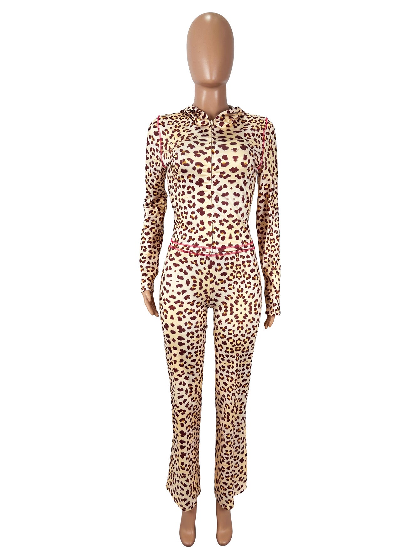 Women Autumn Zipper Hooded Leopard Print Top and Pants Two Piece Set 9