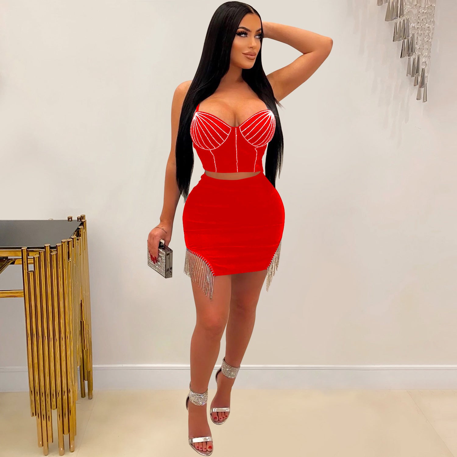 Women's Fashion Beaded Sleeveless Straps Top Tassels Skirt Two-Piece Set 8