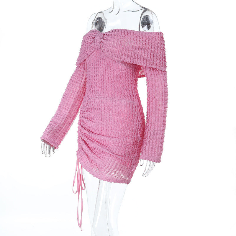 Women Elegant Jacquard Off-Shoulder Wave Pattern Long-Sleeved Dress 7