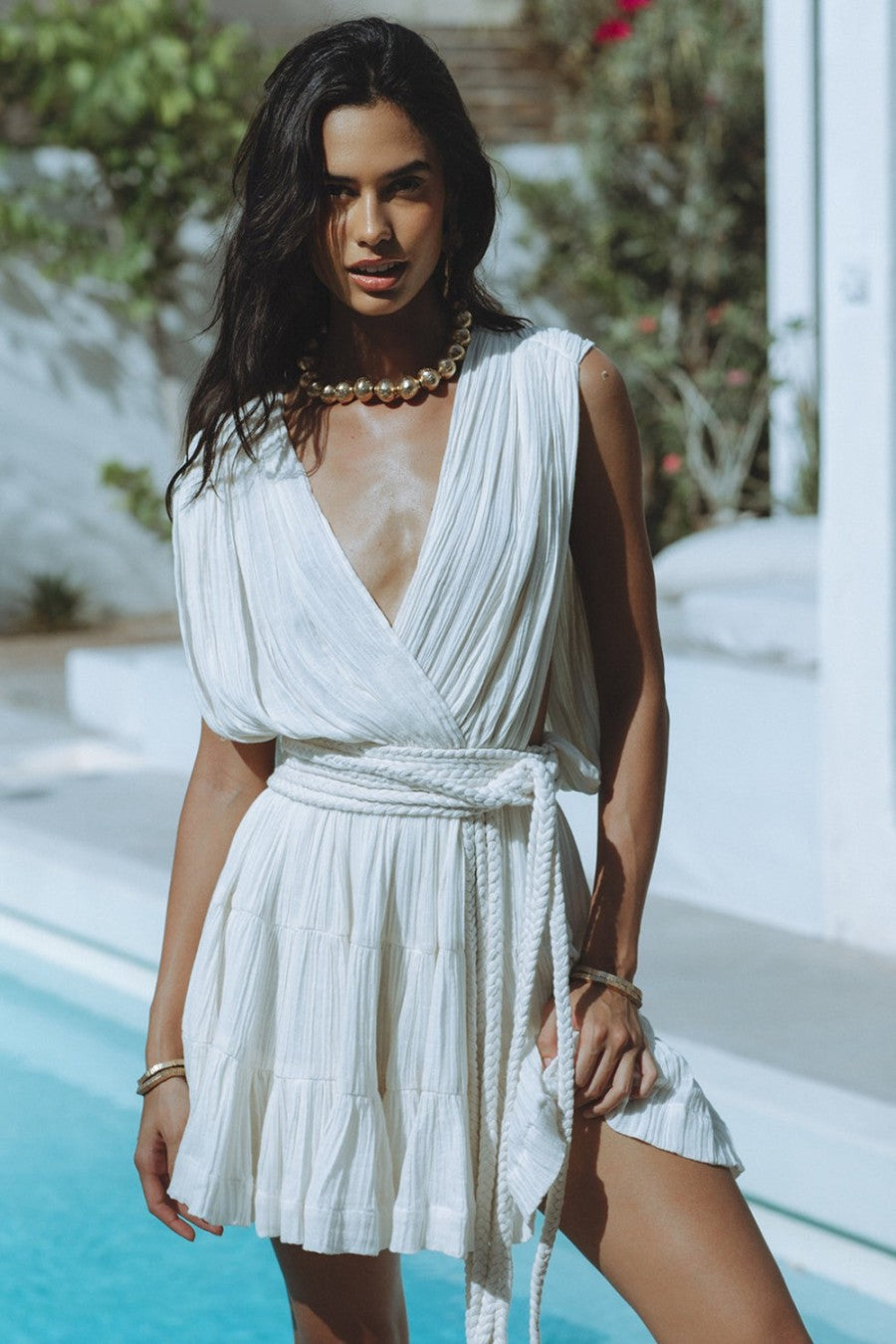 Women Summer Holidays Solid Drawstring Belt Sexy Dress 3