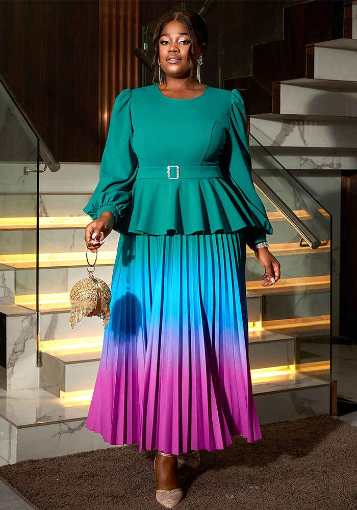 Women gradient lantern sleeve party pleated dress
