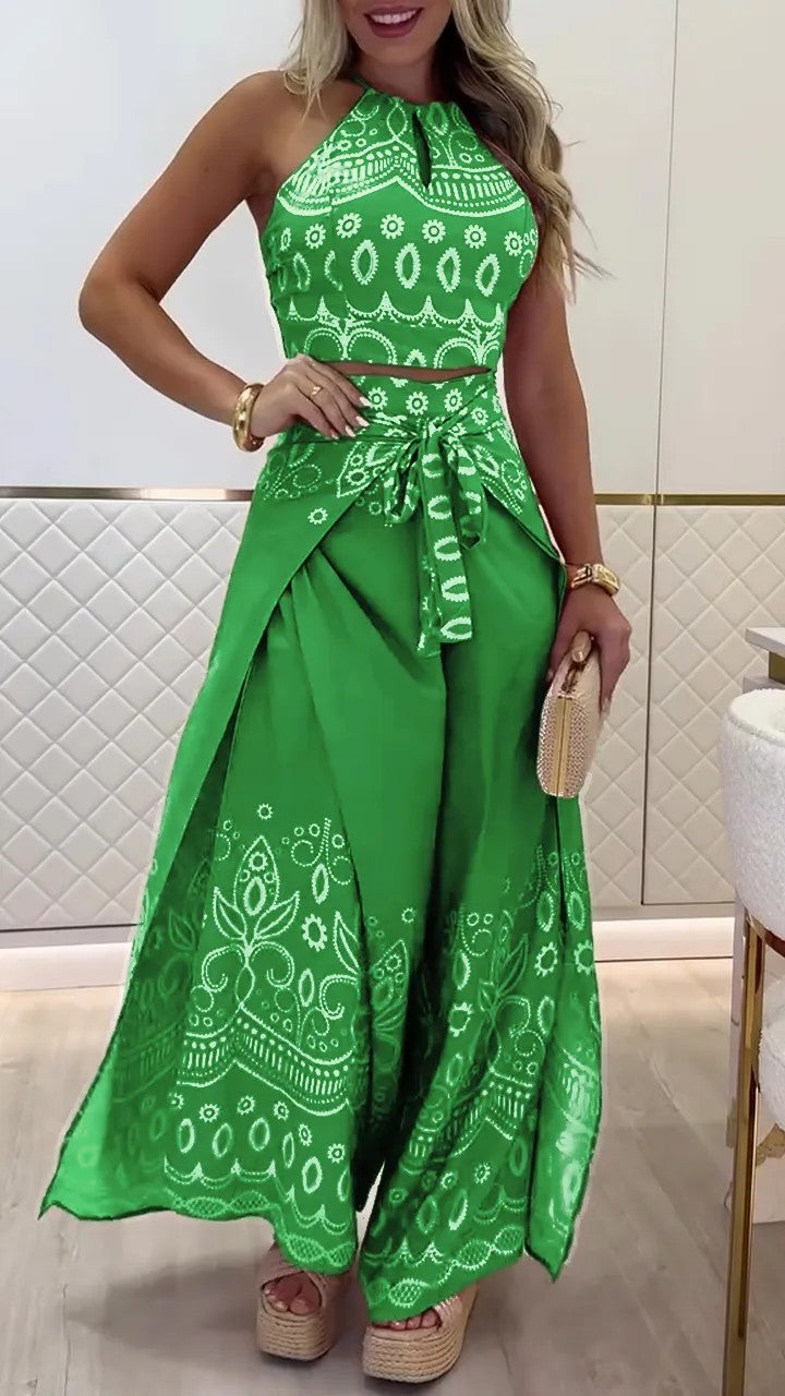 Spring/Summer Retro Ethnic Style Halter Neck Top Wide-Leg Pants Two Piece Set 15