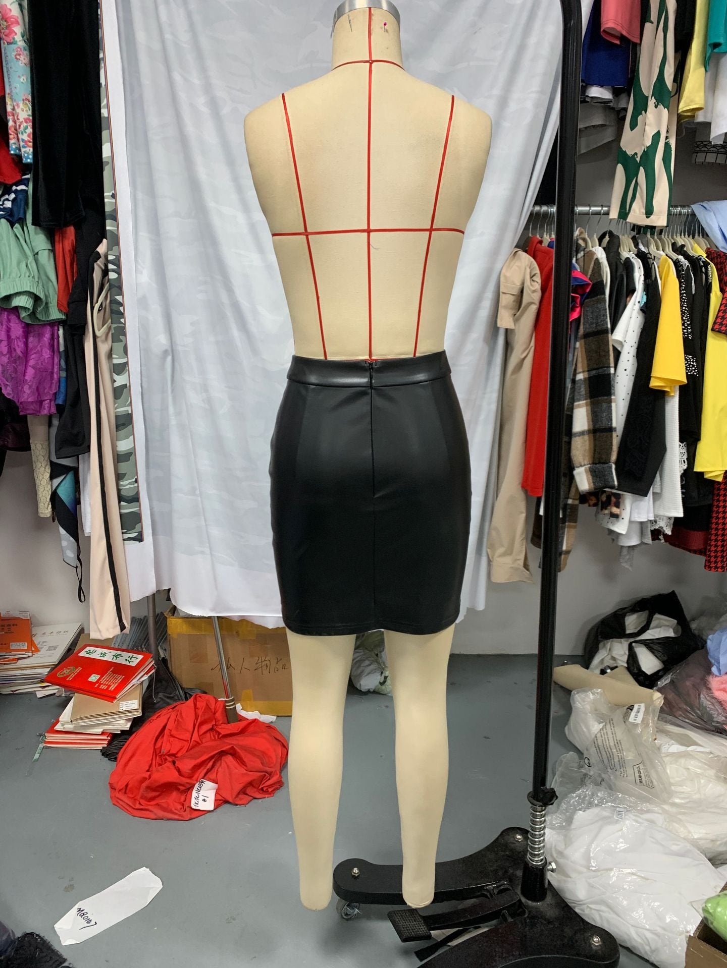 WomenLace Patchwork Bodycon Mid Waist Leather Skirt 10