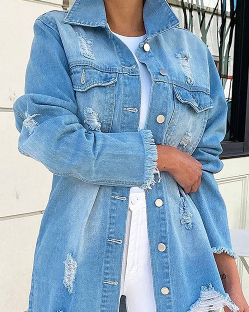 Blue Irregular Ripped Long Sleeves Denim Shirts 4