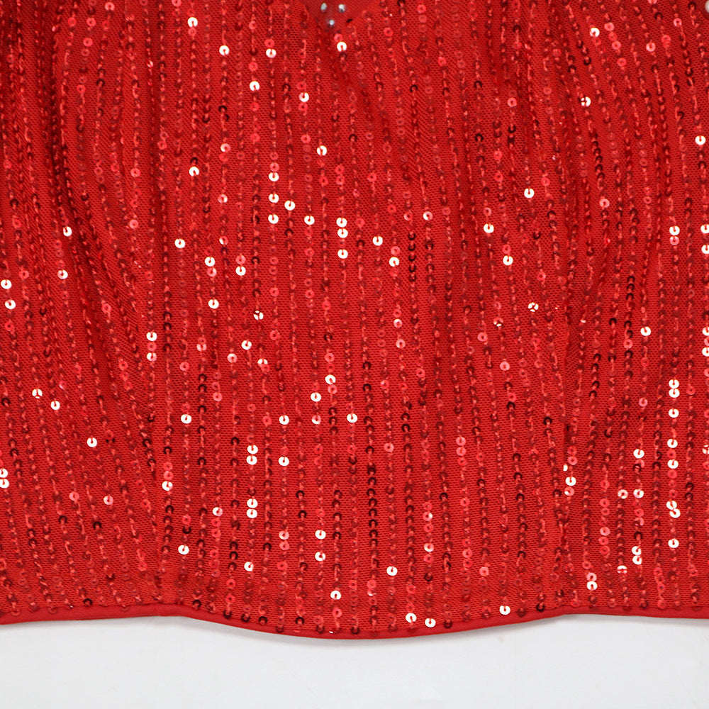 Fashionable Round Neck Mesh sequined long-sleeved top high slit skirt two-piece set for women 18