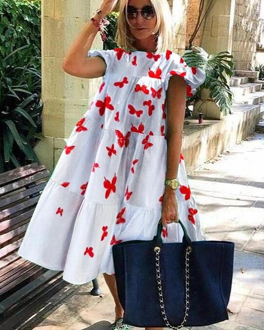 Plus Size Women Summer Dress Round Neck Pink Maple Leaf Casual Beach Dress 14