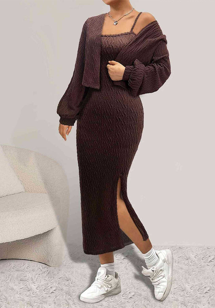 Women knitting braided suspender skirt and long-sleeved jacket two piece set