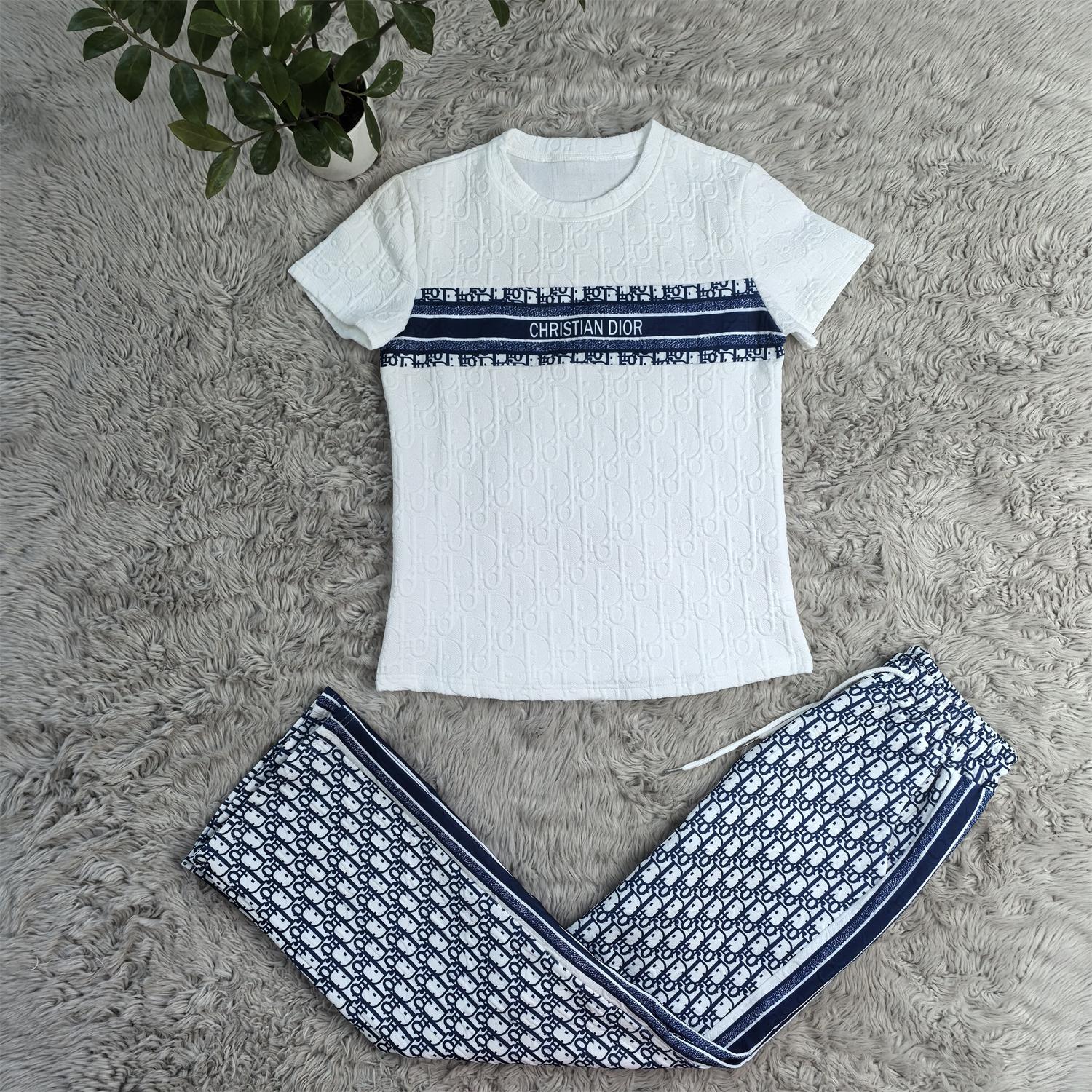 Women  Summer Casual Jacquard Short Sleeve T-shirt And Lace Jacquard Wide Leg Pants Two Piece Set 6