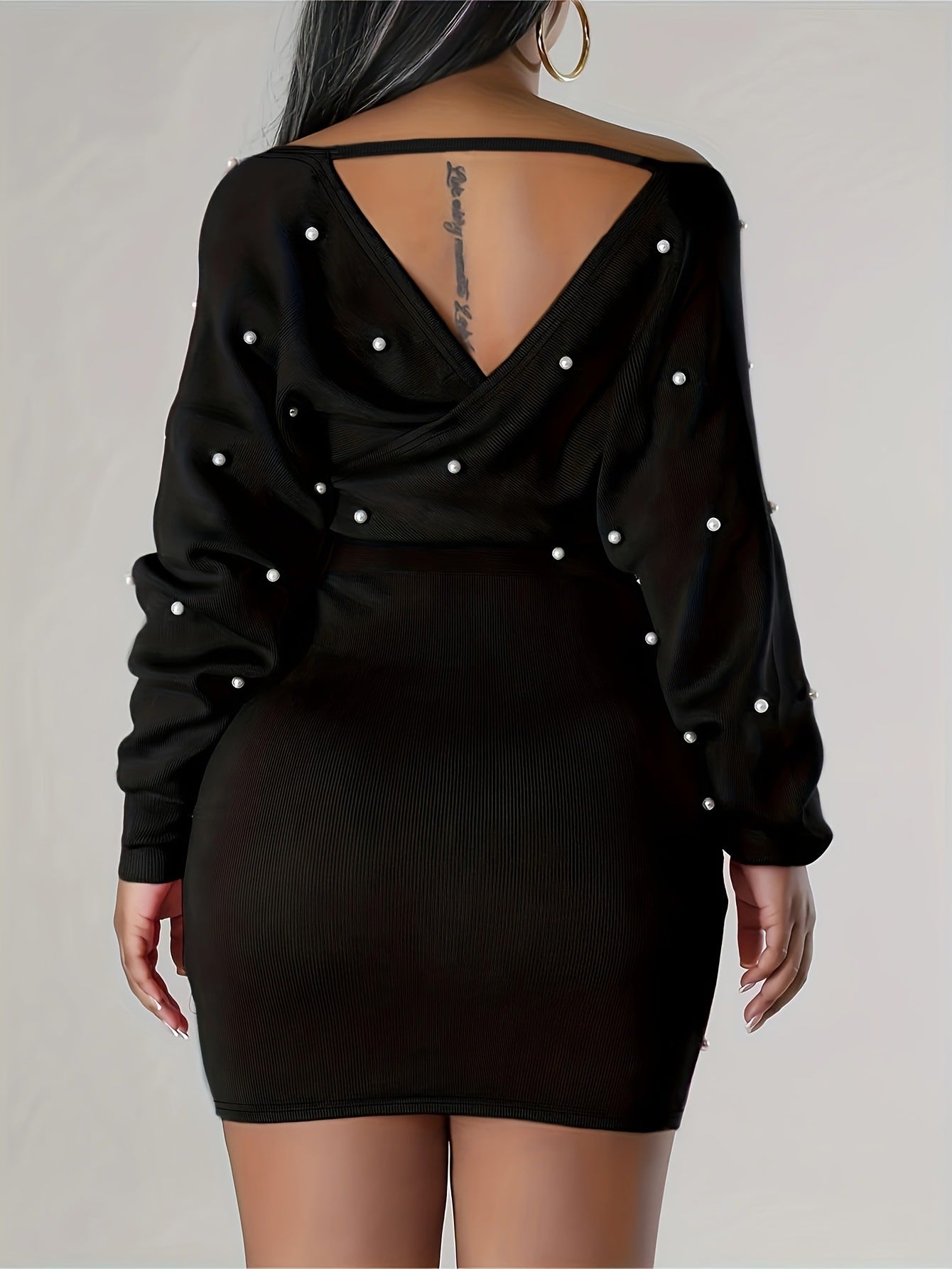 Women Beaded Casual Long-Sleeved Solid Off-The-Shoulder Dress 5