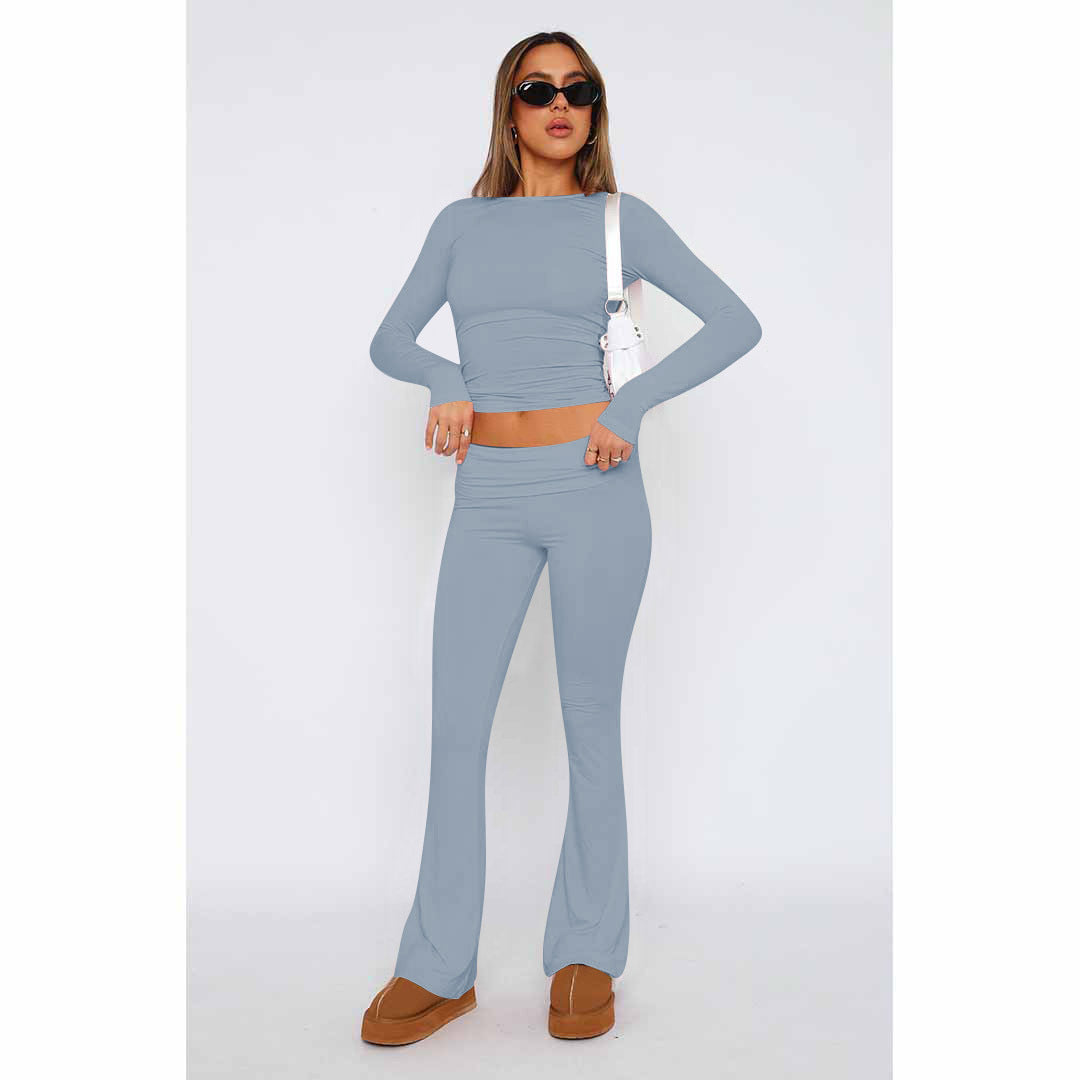 Women's Fashion Casual Solid Sim Long Sleeve Two-Piece Pants Set 3