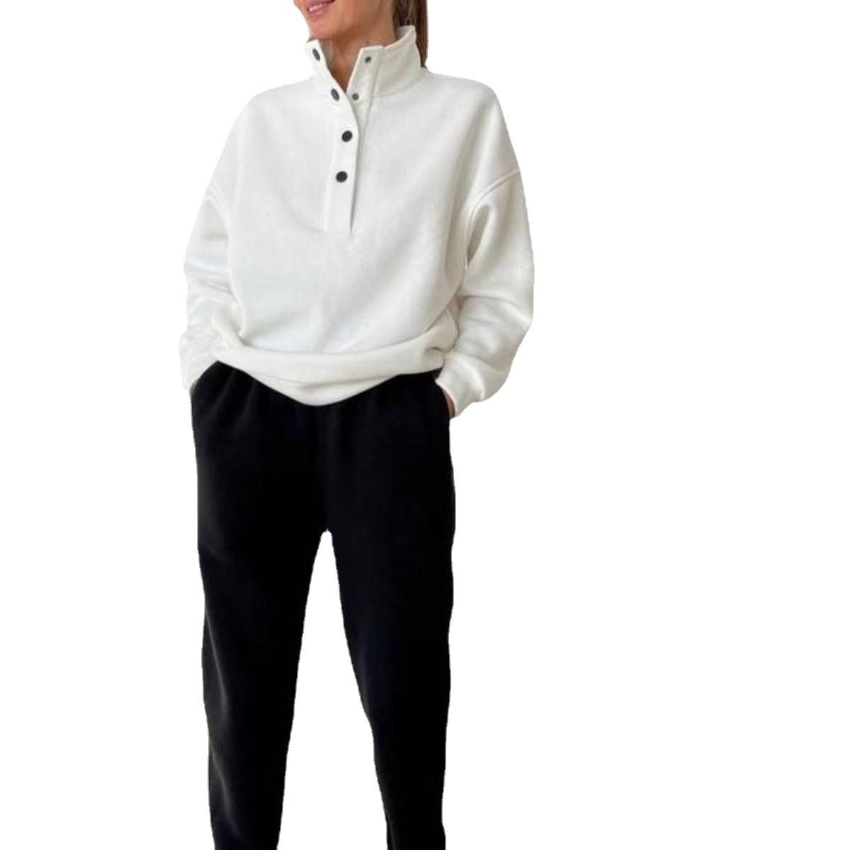 Spring And Autumn Women's Fashion Button Stand Collar Top Loose Pants Two Piece Set 15