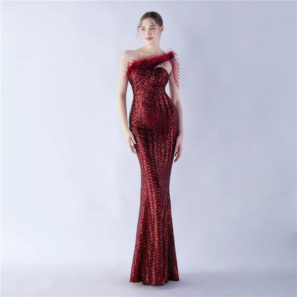 Women Ostrich Feather Beads Symphony Sequins Formal Party Evening Dress 4