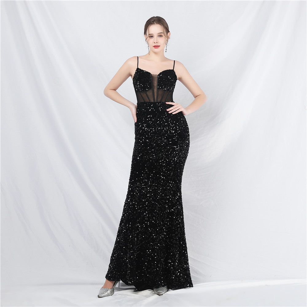 Luxury Strap Fishbone Slim Waist Mesh Sequin Evening Dress 7