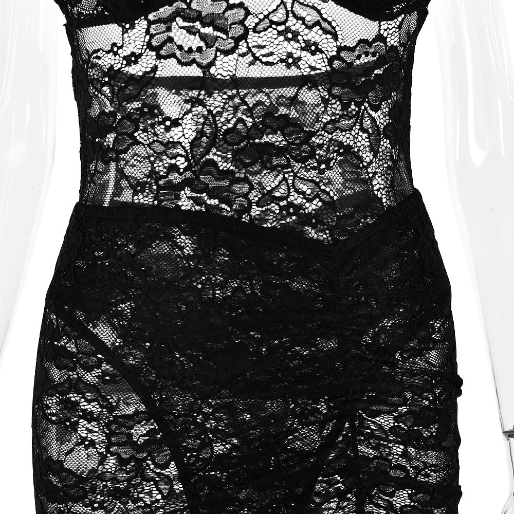 Women Strapless Backless Lace Bodysuit and Skirt Two-Piece Set 12