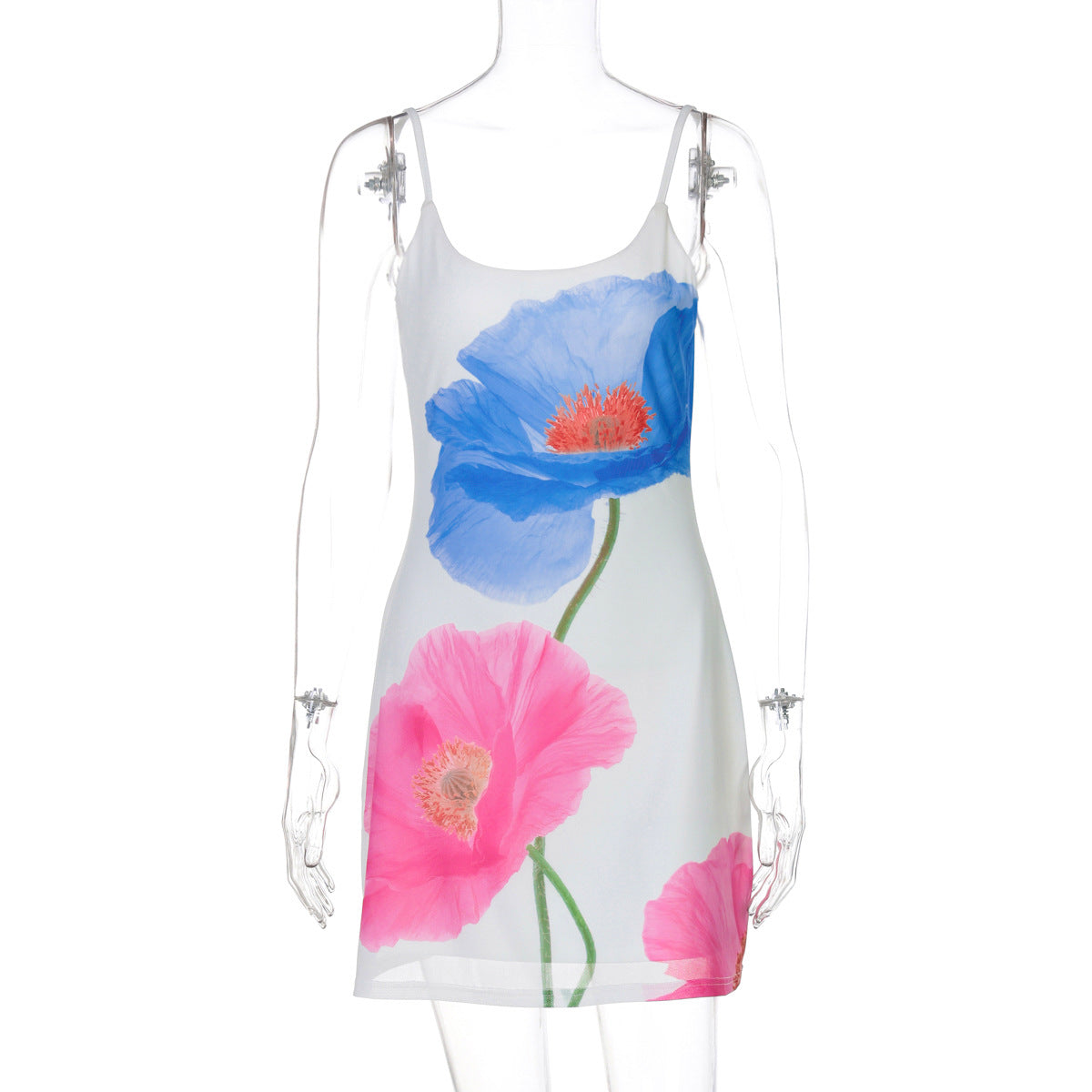 Women Summer U-neck Backless Mesh Print Bodycon Strap Dress 6