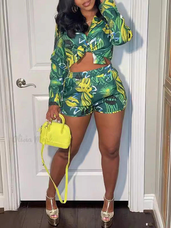 Women summer printed long-sleeved shirt and shorts Casual two-piece set 4