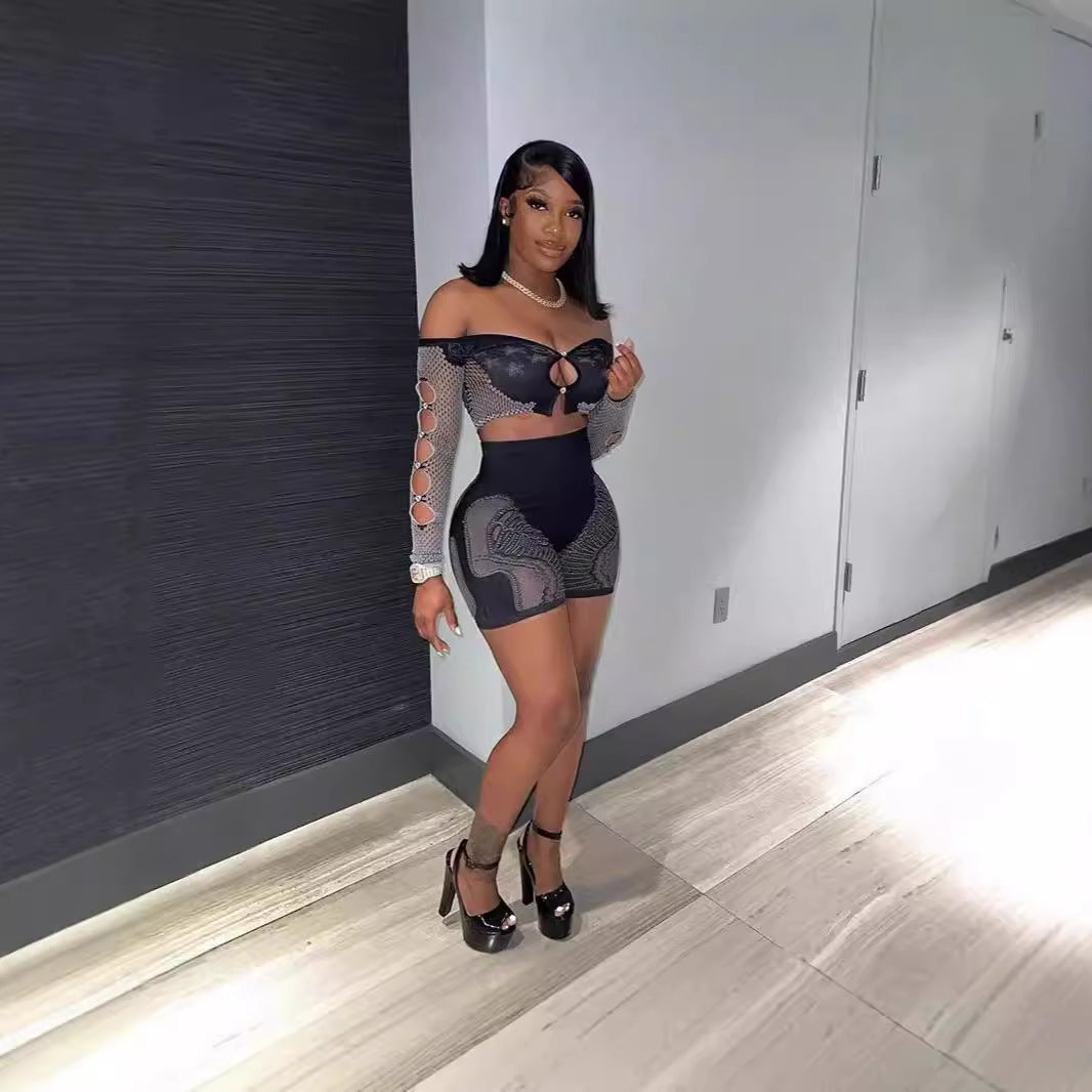 Sexy Patchwork Off Shoulder Long-Sleeved Crop Top High Waist Hollow Slim Shorts Two Piece Set