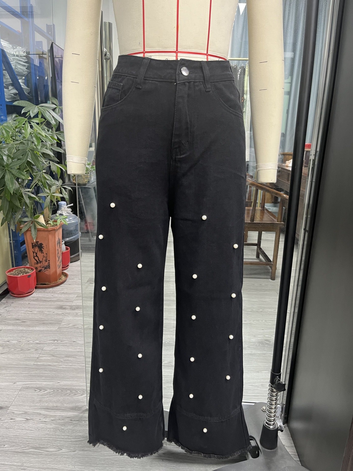 Women Pearl Wide Leg Denim Pants 9