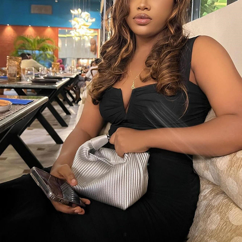 Women Solid Color Strap Sleeveless Low Back Tight Fitting Pleated Fishtail Dress 4