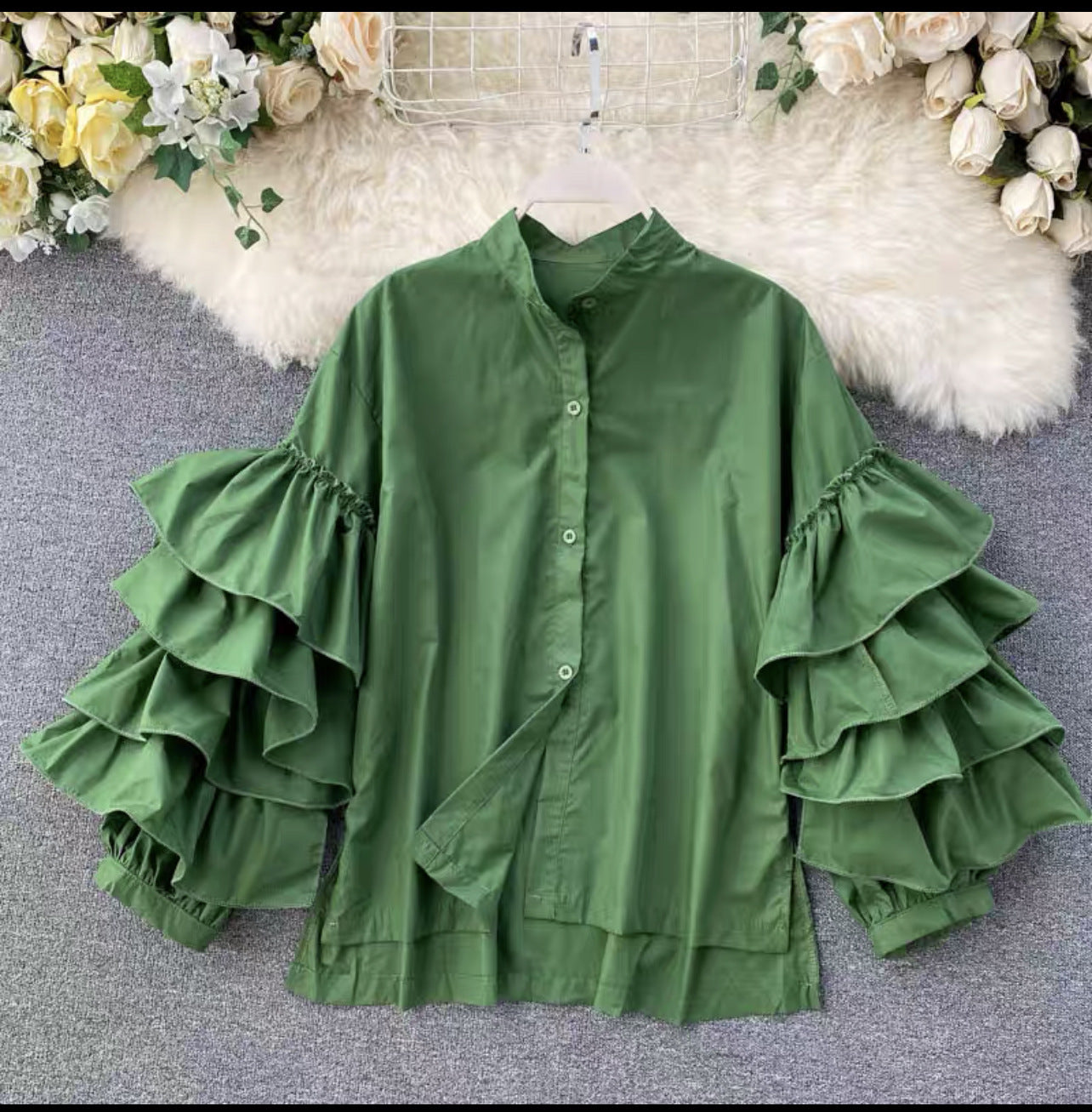 Women multi-layered ruffled Bell Bottom loose-sleeved Stand Collar shirt 5