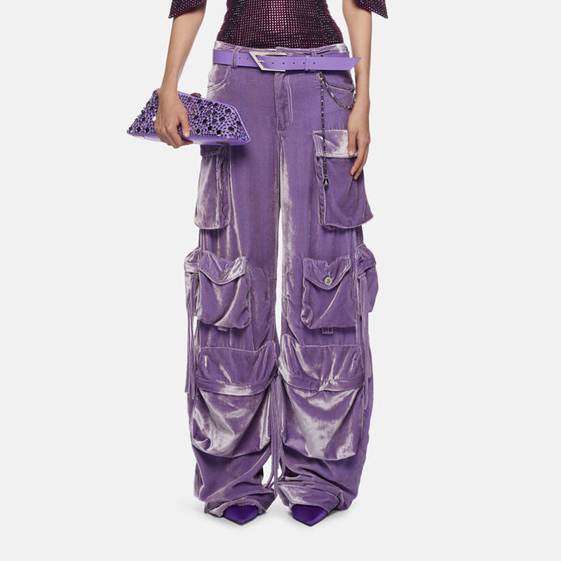 Women Fall Patchwork Pocket  Velvet Pants Straight Leg Cargo Pants 3