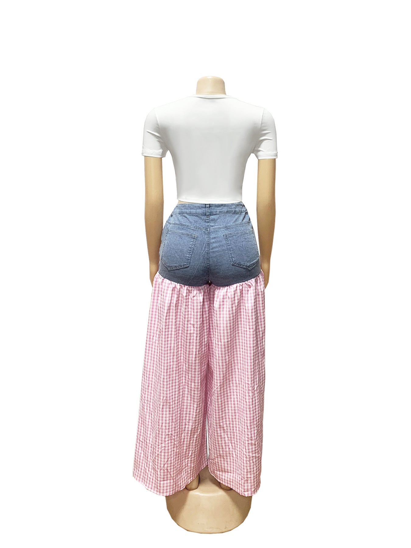 Women Patchwork Plaid Print T-shirt Casual Wide Leg Pants Two-piece Set 19