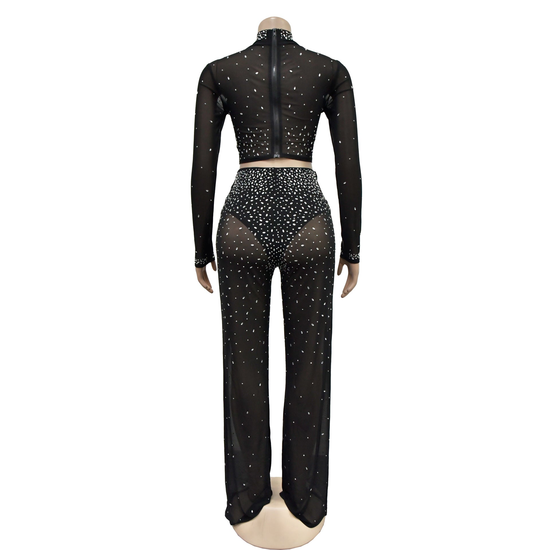 Fashionable Women's Solid Color Beaded Mesh Long-Sleeved Two-Piece Trousers Set 13