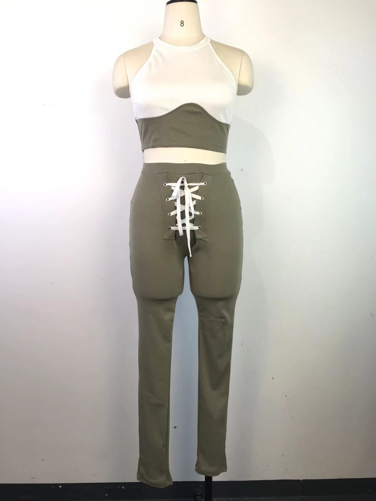 Women's Sexy Ribbed Suit Round Neck Tank Top Pencil Pants Lace-Up Two Piece Summer Set 14