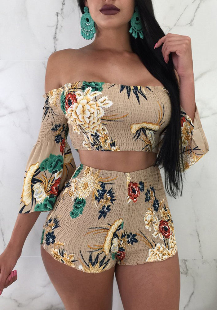 Women's Fashion Print Off Shoulder Bell Bottom Sleeve Two-Piece Set