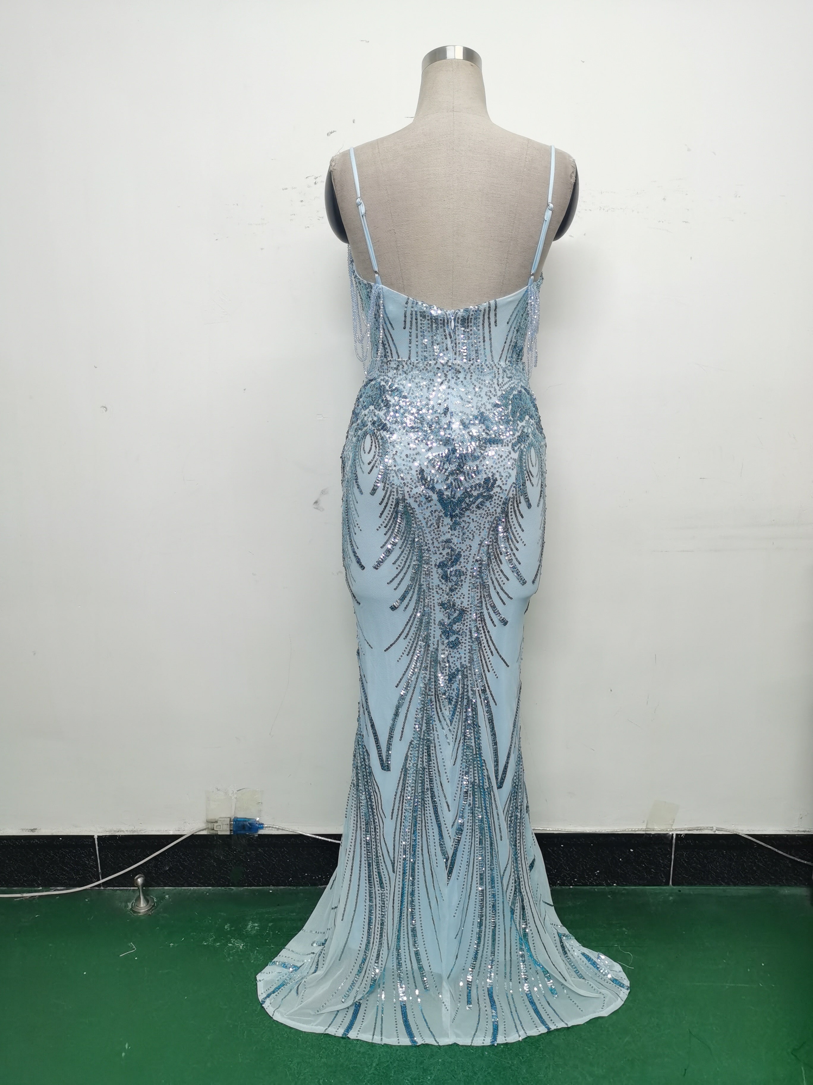 Fishbone Slim Waist Sexy Rhinestone Chain Strap Evening Dress 35