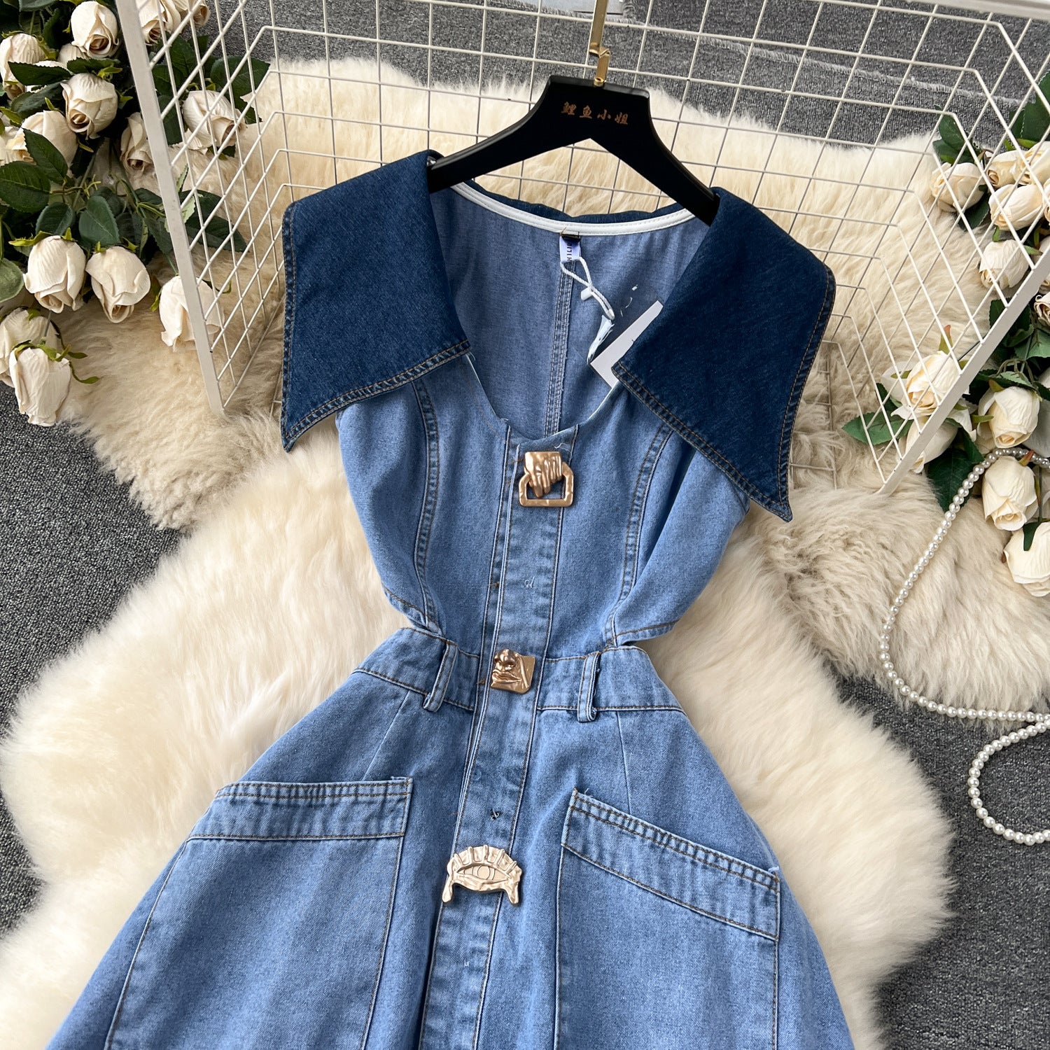 Sleeveless Turn Down Collar Sheer Waist Cut Out Denim Dress 5