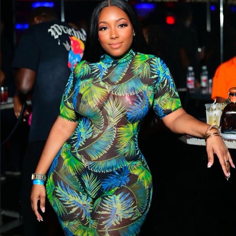 Women summer Women sexy Backless print See-Through Mesh Jumpsuit 8