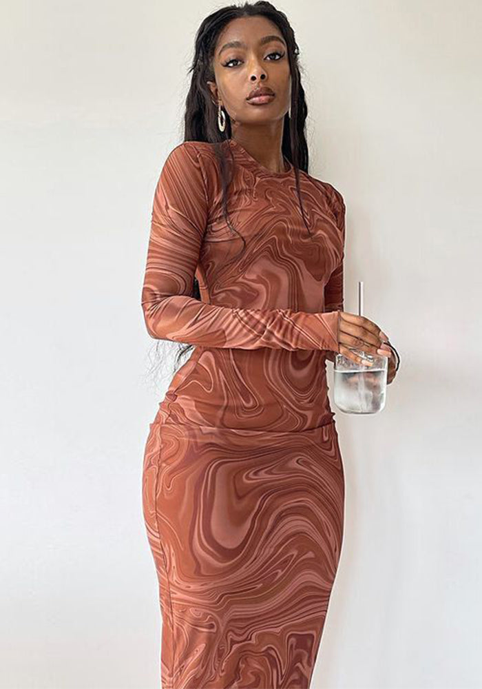 Women Fall Long Sleeve Printed Round Neck Maxi Dress