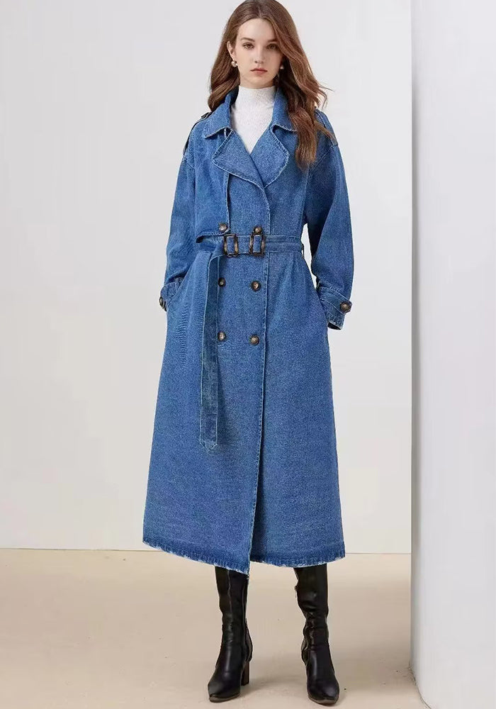 Women Loose Double Breasted Belted Denim Jacket