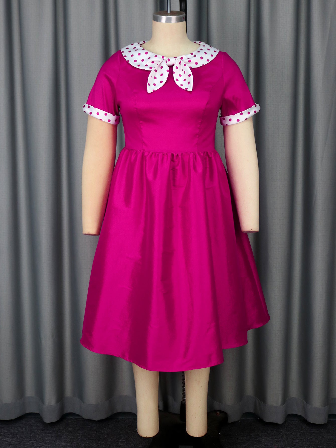 Plus Size Contrast Color Polka Dot Rose A-Line Career Dress 13