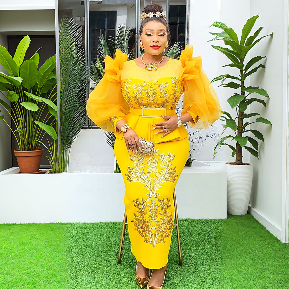 African Plus Size Women's Clothing Patchwork Bubble Sleeve Sequined High Waist Evening Dress 3