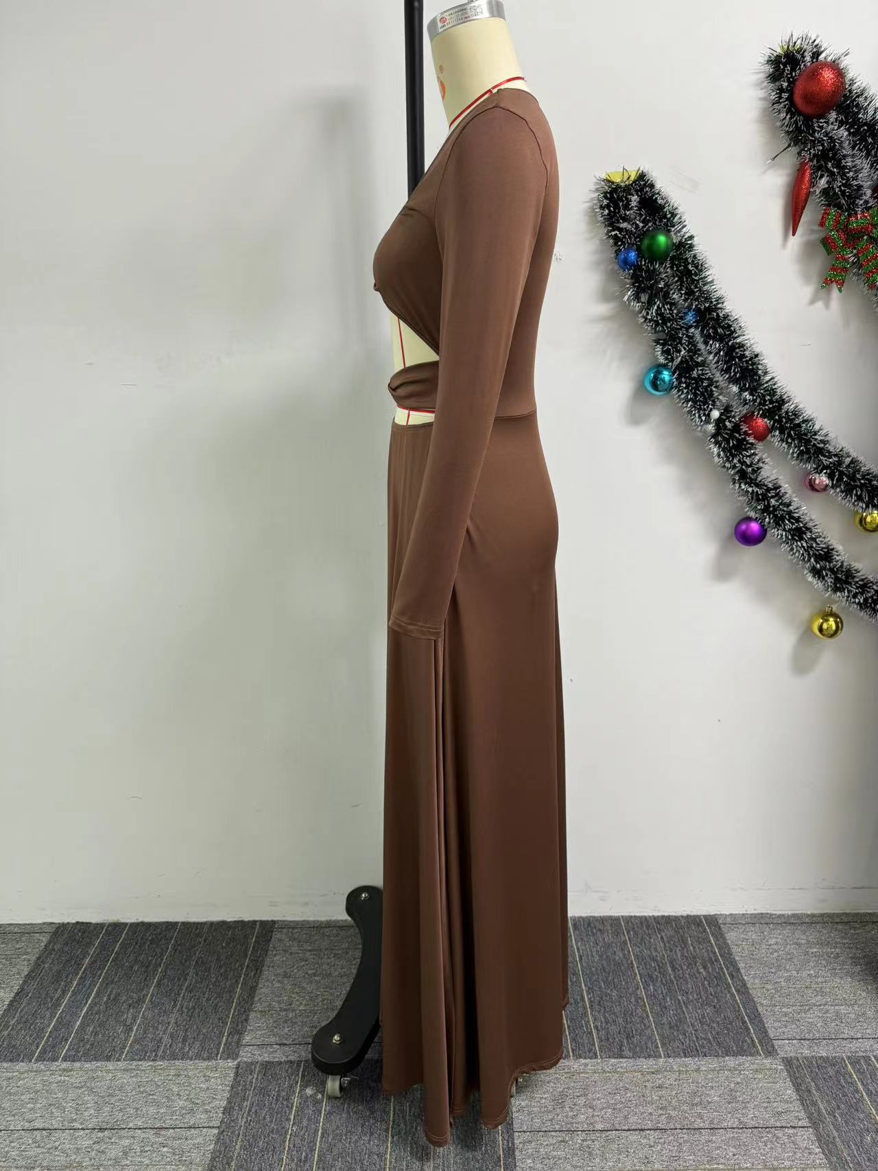 Square Neck Hollow Long Sleeve Tight Fitting Slit Dress 6