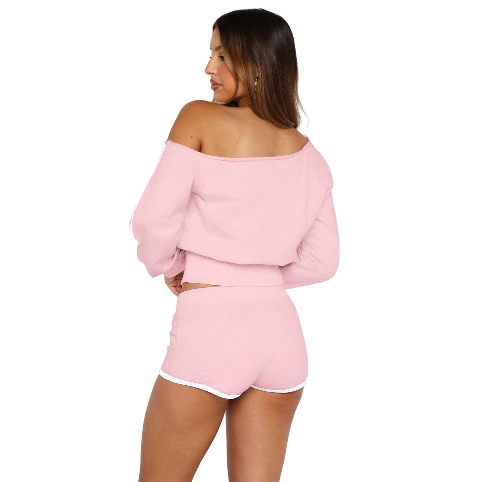 Women's Casual Slash Shoulder Long Sleeve Top Drawstring Shorts Two-Piece Set 64