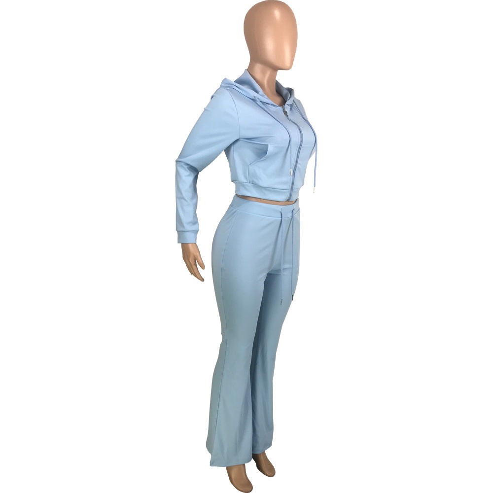 Women's Fashion Solid Color Pocket Zipper Hooded Casual Jacket Bell Bottom Pants Two Piece Set 14