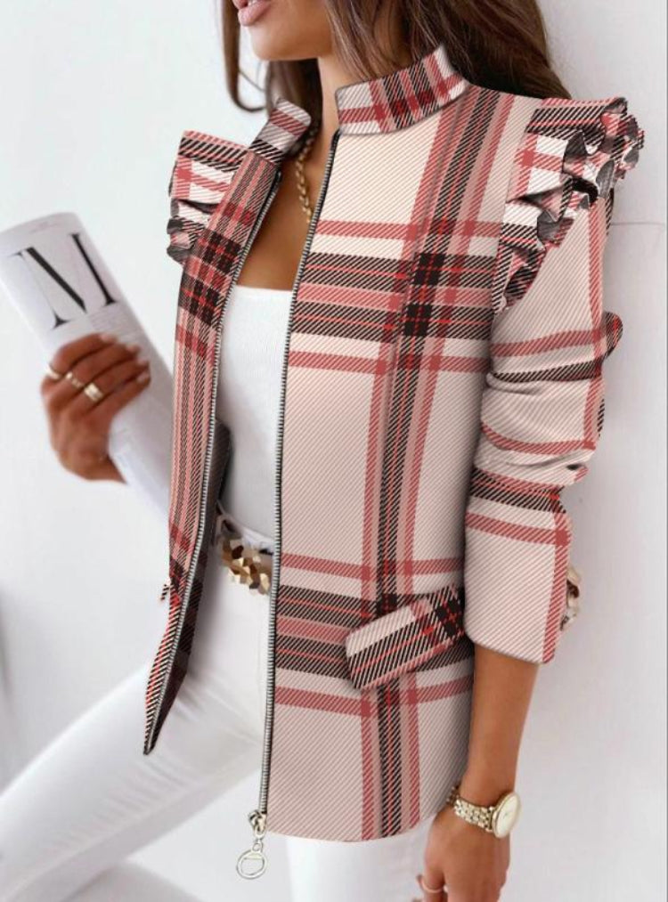 Autumn Plaid Print Zip Up Regular Jacket