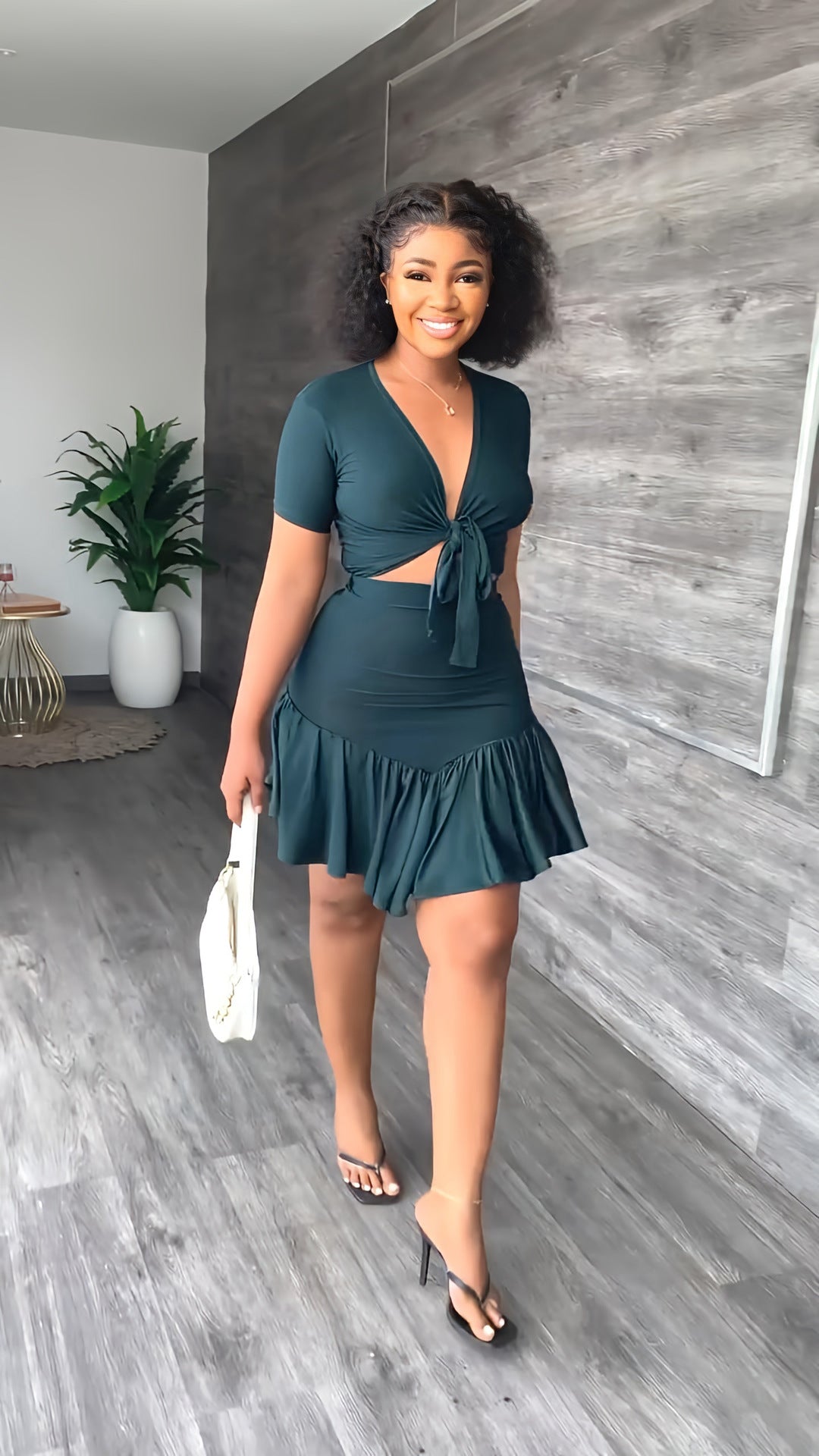 V Neck Short Sleeve Lace-Up T-Shirt Ruffle Skirt Casual Holidays Two-Piece Set 4