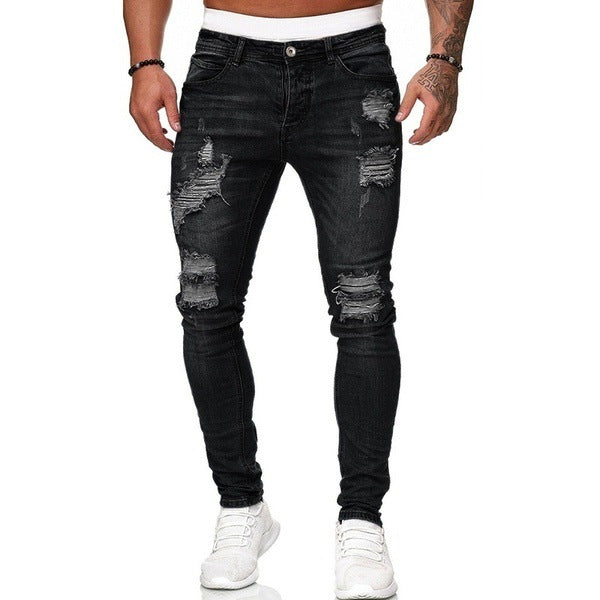 men Ripped Trendy Black Denim Pants 4