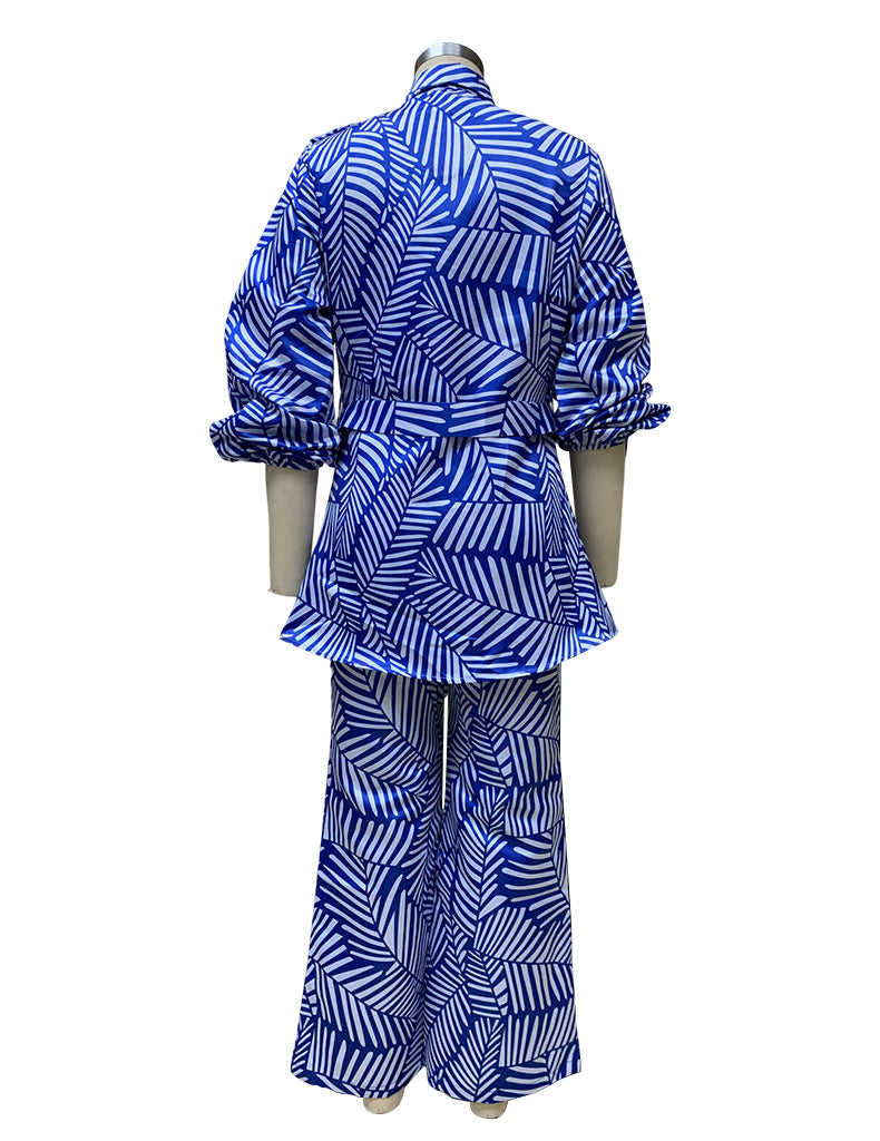 Spring Women's Printed Blouse Belt Button Top Straight Leg Trousers Set 14