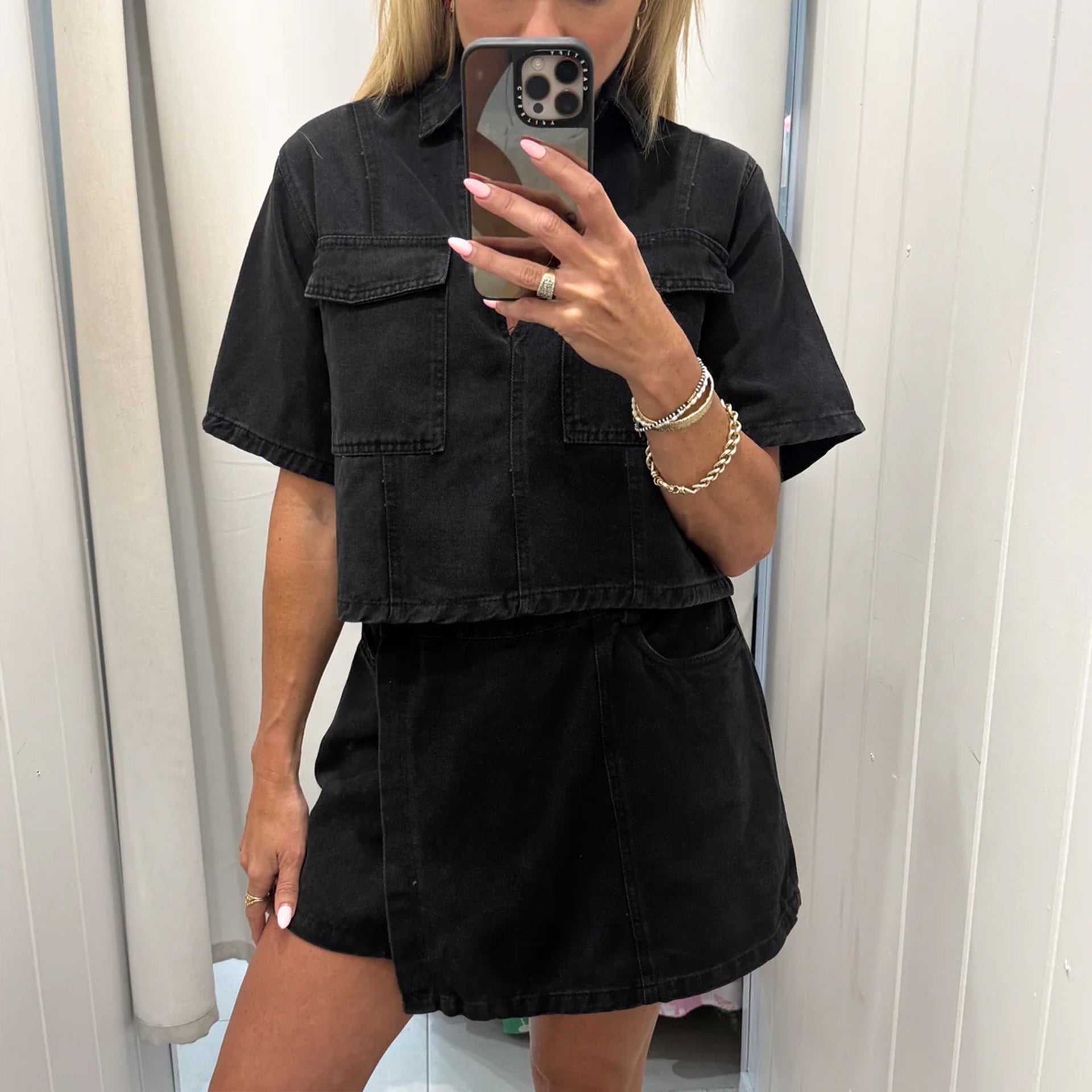 Summer V-Neck Top & High-Waist Denim Skort Set